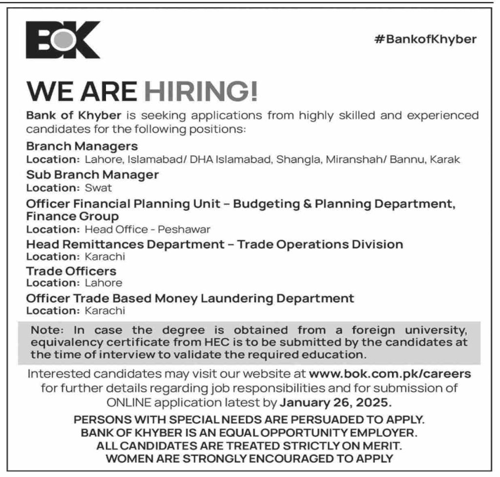 Bank of Khyber BOK Jobs 2025 for All Pakistan