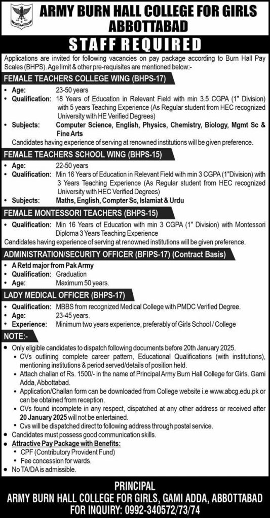 Army Burn Hall College for Girls Abbottabad Jobs 2025