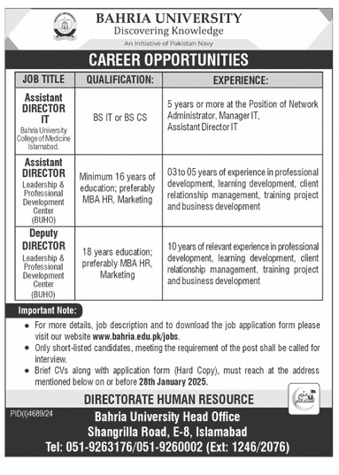 Bahria University Islamabad Assistant Director Jobs 2025