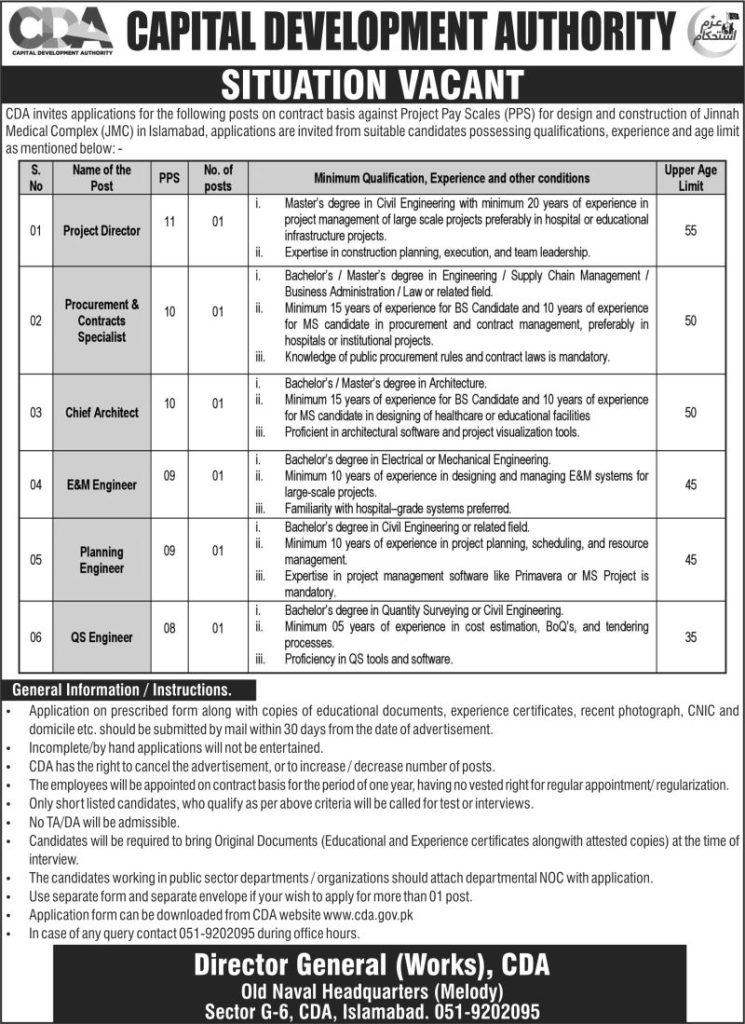 CDA Islamabad Jobs Advertisement 2025 Capital Development Authority