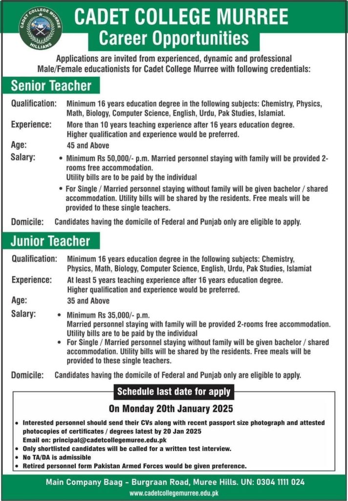 Cadet College Murree Teaching Jobs 2025