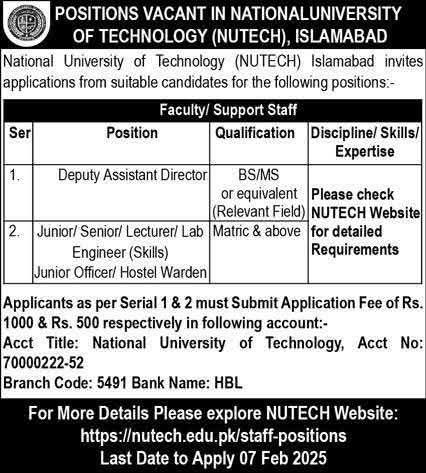 NUTECH University Islamabad Jobs 2025 