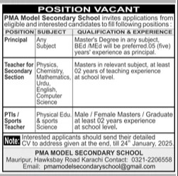 PMA Model School Karachi Teaching Jobs 2025