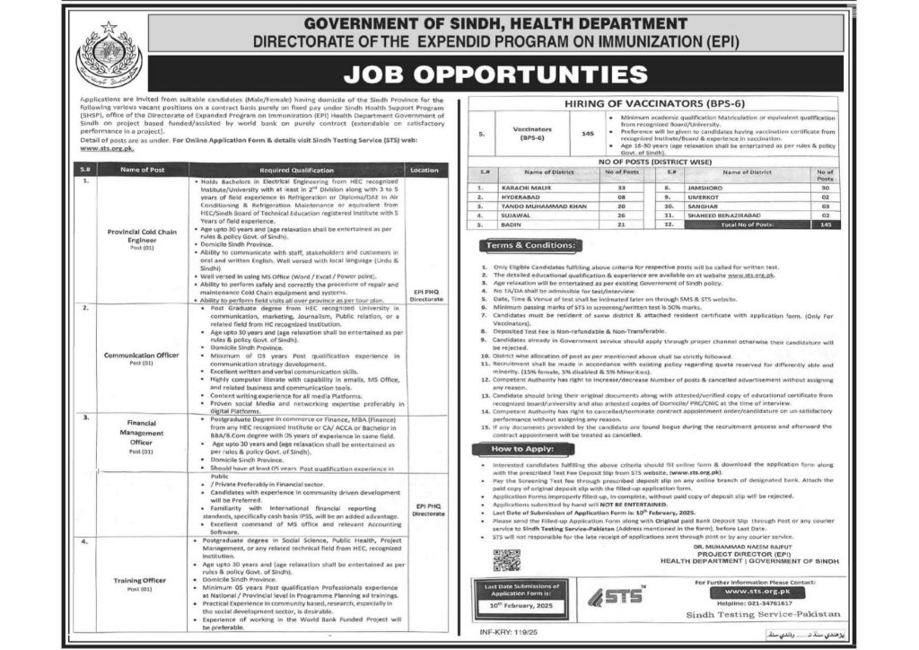 STS Health Department Sindh EPI Jobs 2025